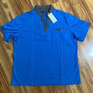 Coofandy mens short sleeved shirt, blue with grey accents. Size XXL, NWT.